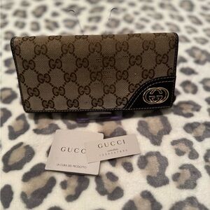 Gucci Brown GG Canvas Continental Wallet with Black Leather Trim and Gold Logo